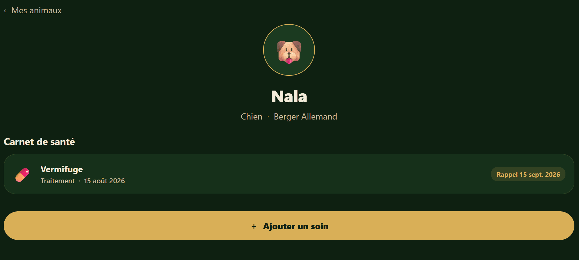 Médaillo — fiche animal avec carnet de santé
