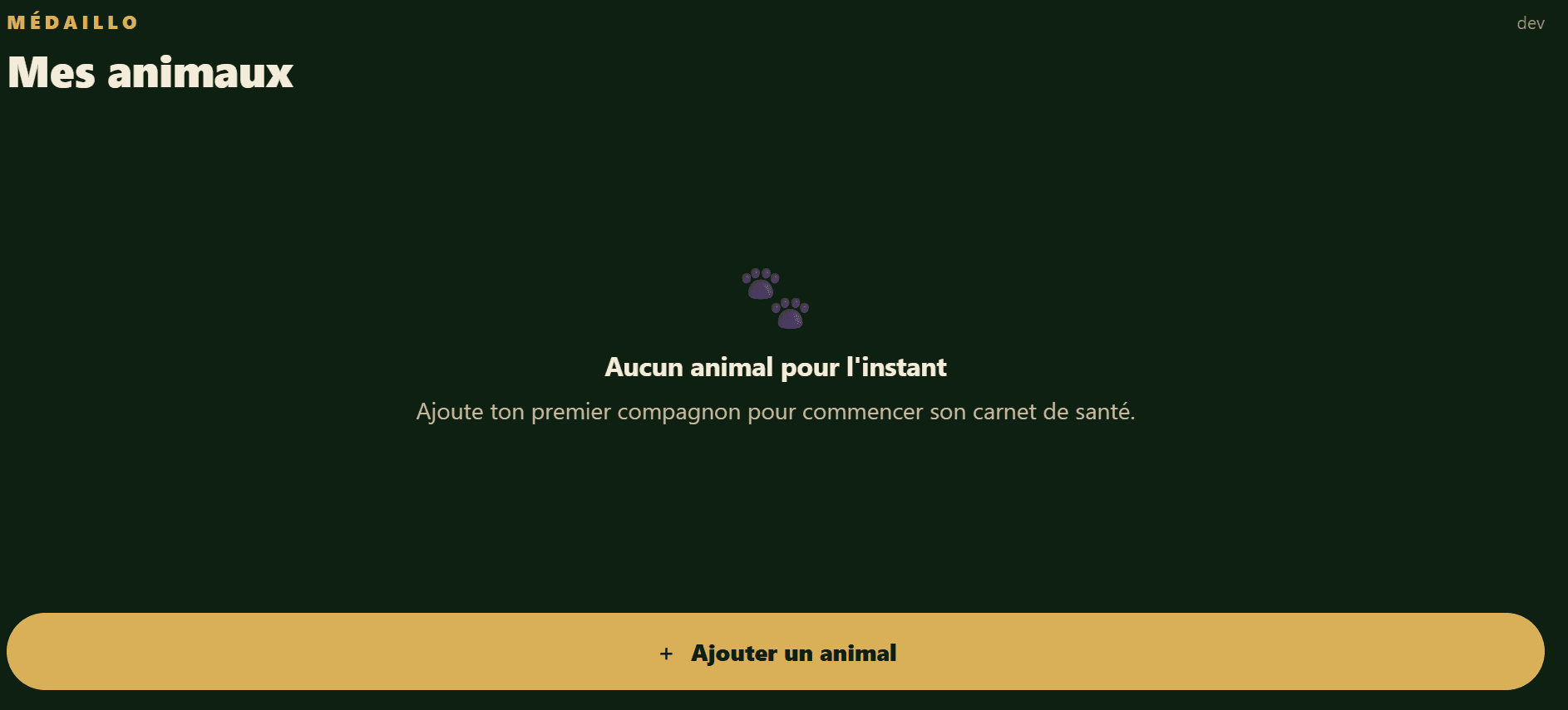 Médaillo — écran d'accueil sans animal enregistré